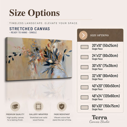 Loose dark blue leaves and pale blossoms on a warm beige painterly background single canvas wall art available dimensions