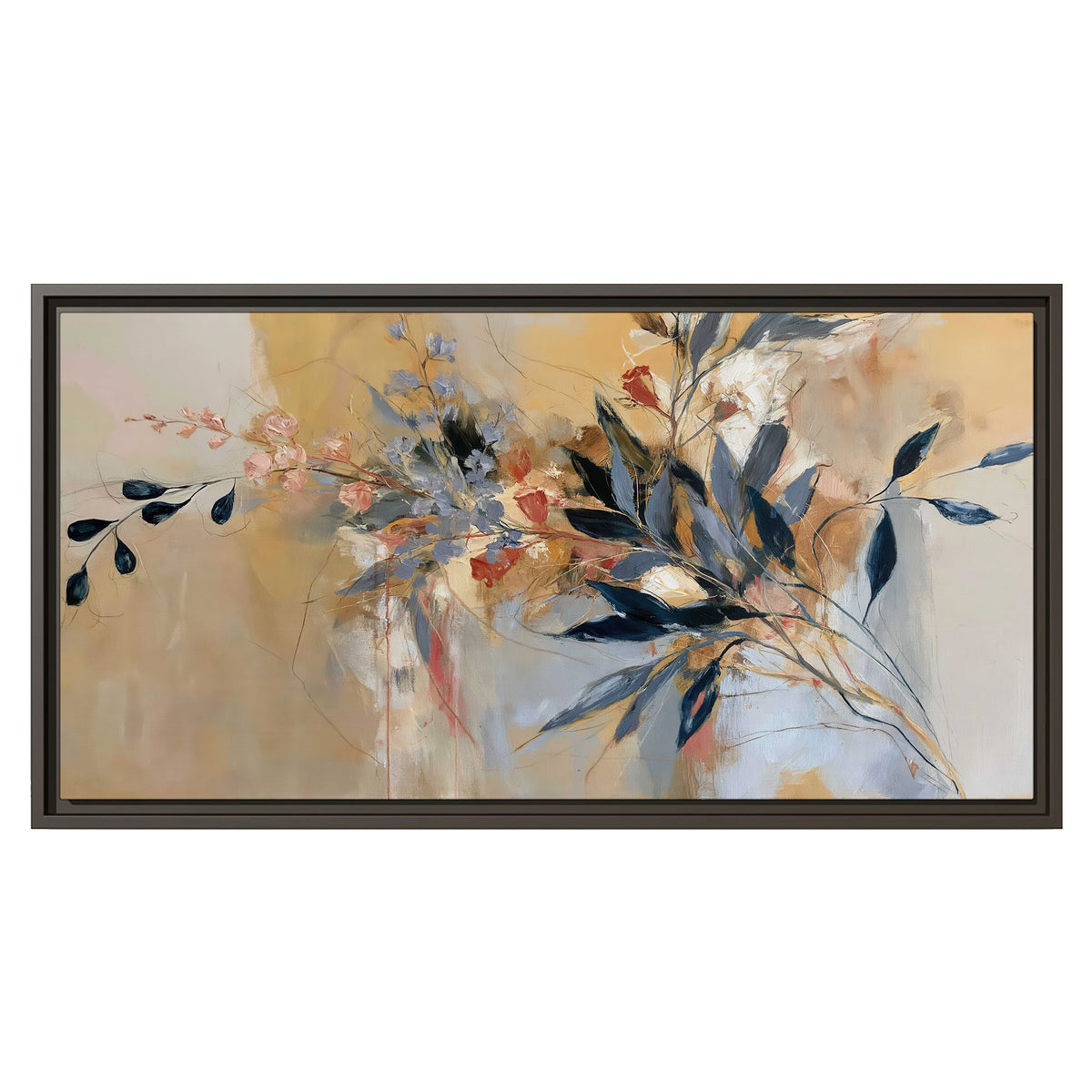 Loose dark blue leaves and pale blossoms on a warm beige painterly background single framed canvas wall art viewed straight on