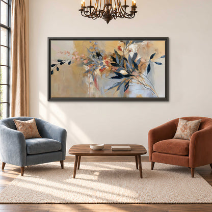 Loose dark blue leaves and pale blossoms on a warm beige painterly background single framed canvas wall art styled in an interior