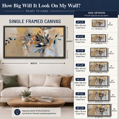 Loose dark blue leaves and pale blossoms on a warm beige painterly background single framed canvas wall art size guide above a sofa; room view is illustrative