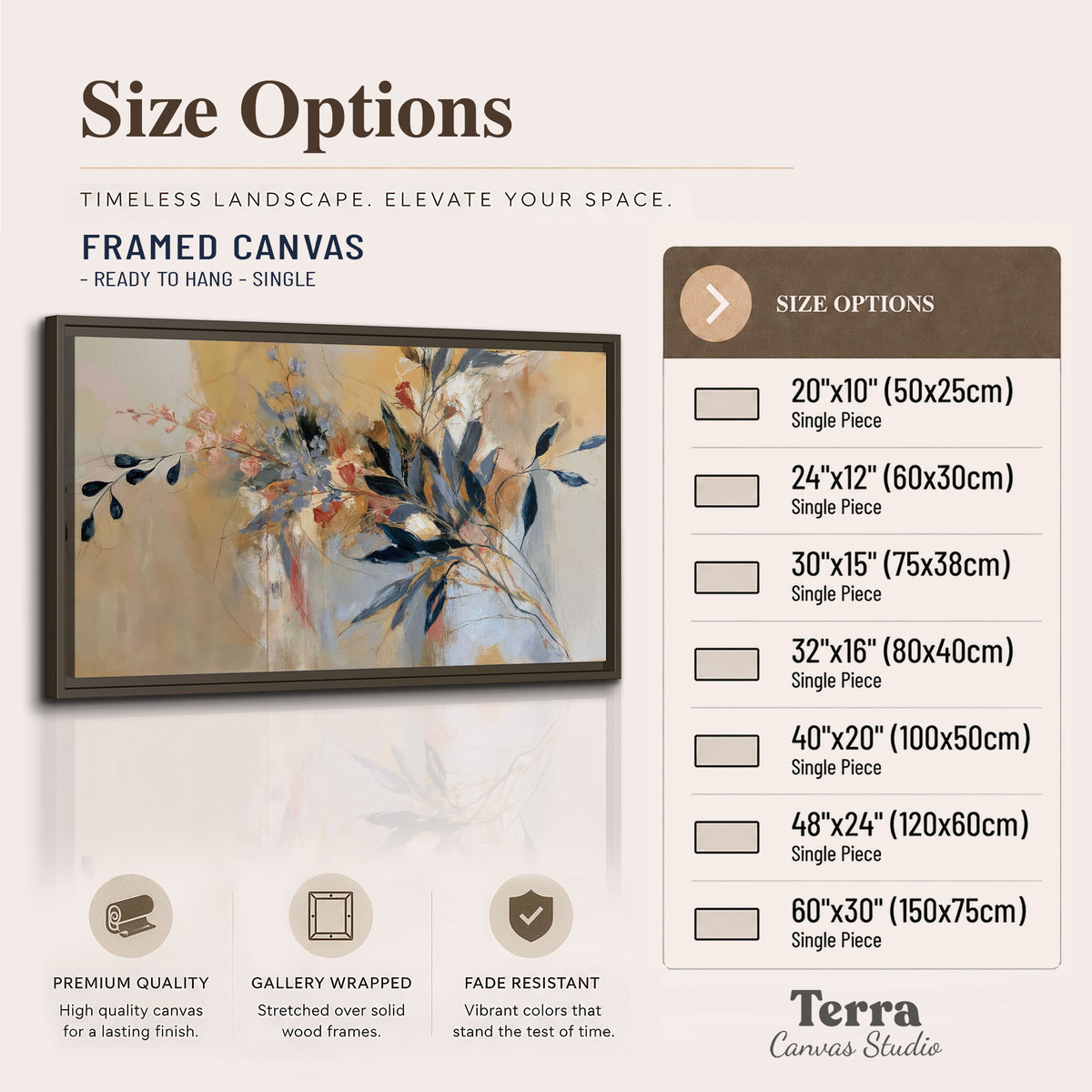 Loose dark blue leaves and pale blossoms on a warm beige painterly background single framed canvas wall art available dimensions