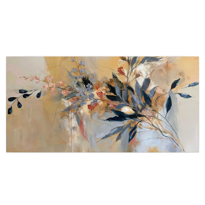 Loose dark blue leaves and pale blossoms on a warm beige painterly background single poster print viewed straight on