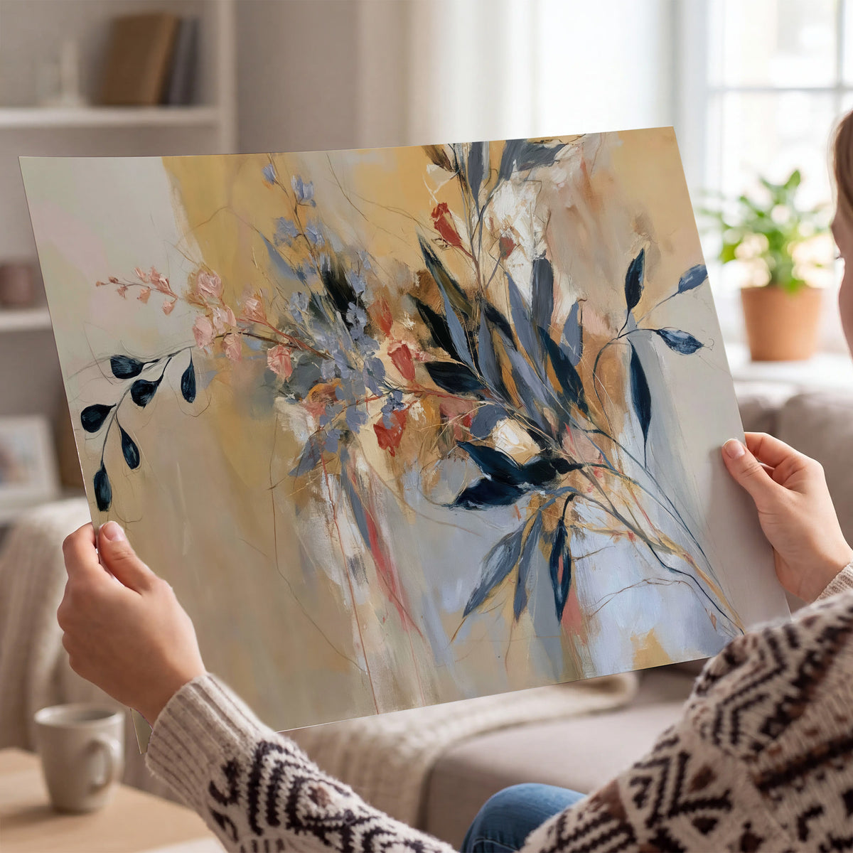 Loose dark blue leaves and pale blossoms on a warm beige painterly background single poster print held in hands
