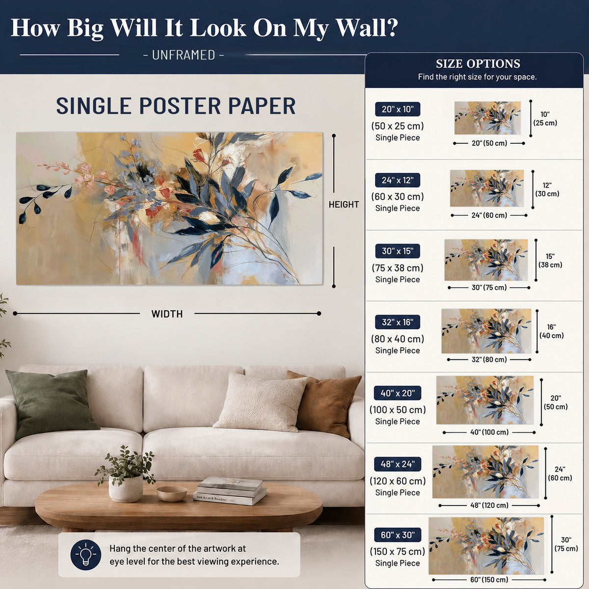 Loose dark blue leaves and pale blossoms on a warm beige painterly background single poster print size guide above a sofa; room view is illustrative