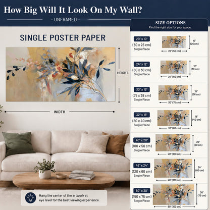 Loose dark blue leaves and pale blossoms on a warm beige painterly background single poster print size guide above a sofa; room view is illustrative
