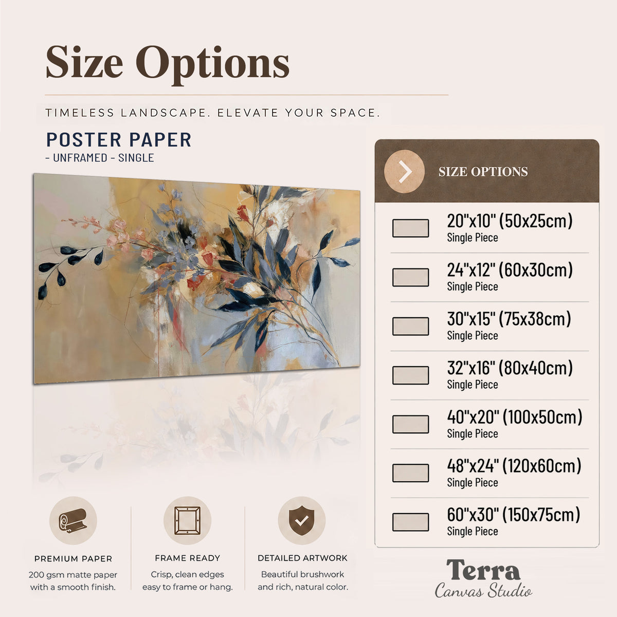 Loose dark blue leaves and pale blossoms on a warm beige painterly background single poster print available dimensions
