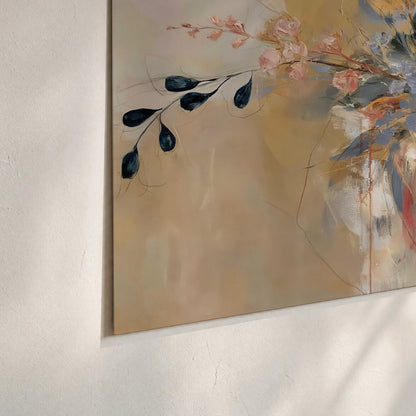 Loose dark blue leaves and pale blossoms on a warm beige painterly background set of 3 poster prints material and edge close up