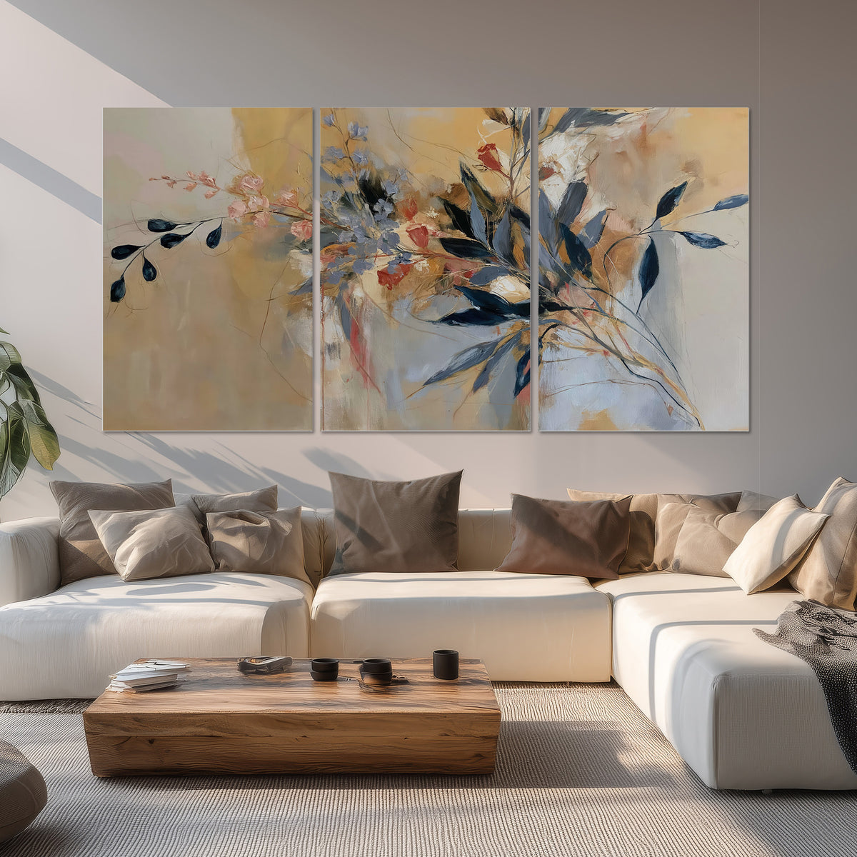 Loose dark blue leaves and pale blossoms on a warm beige painterly background set of 3 poster prints displayed in a living room