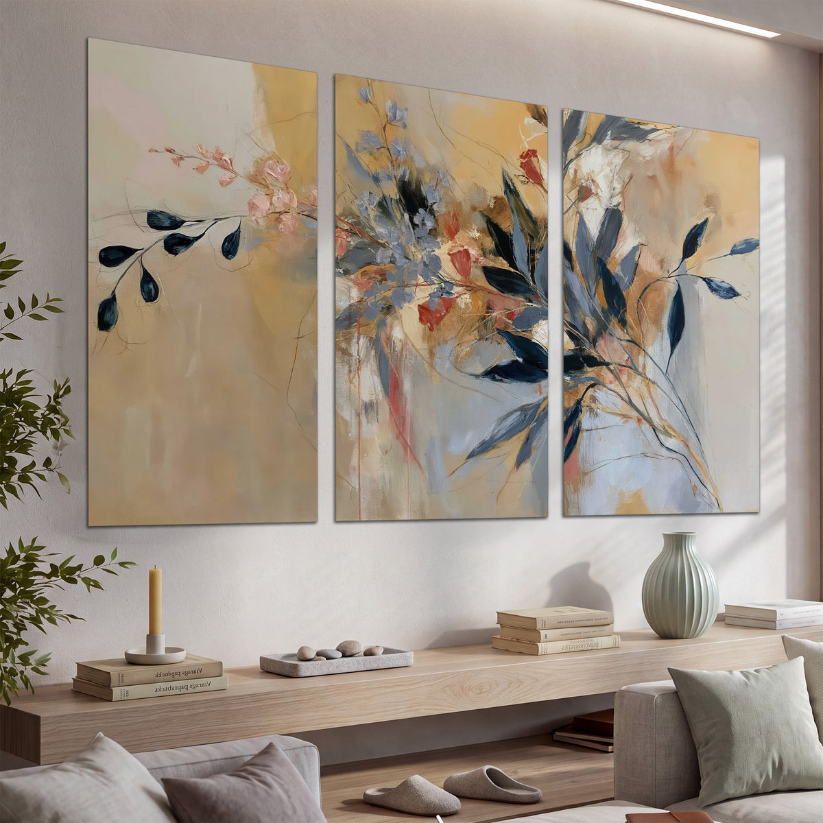 Loose dark blue leaves and pale blossoms on a warm beige painterly background set of 3 poster prints displayed in a console