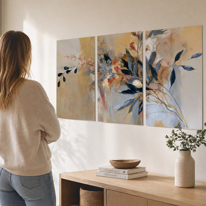 Loose dark blue leaves and pale blossoms on a warm beige painterly background set of 3 poster prints three panel arrangement on a wall