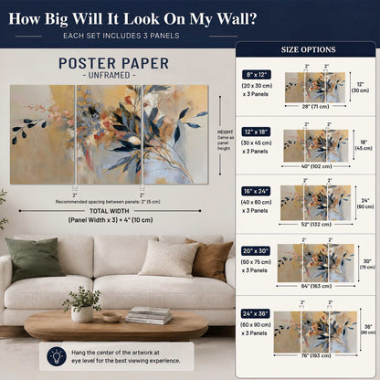 Loose dark blue leaves and pale blossoms on a warm beige painterly background set of 3 poster prints size guide above a sofa; room view is illustrative