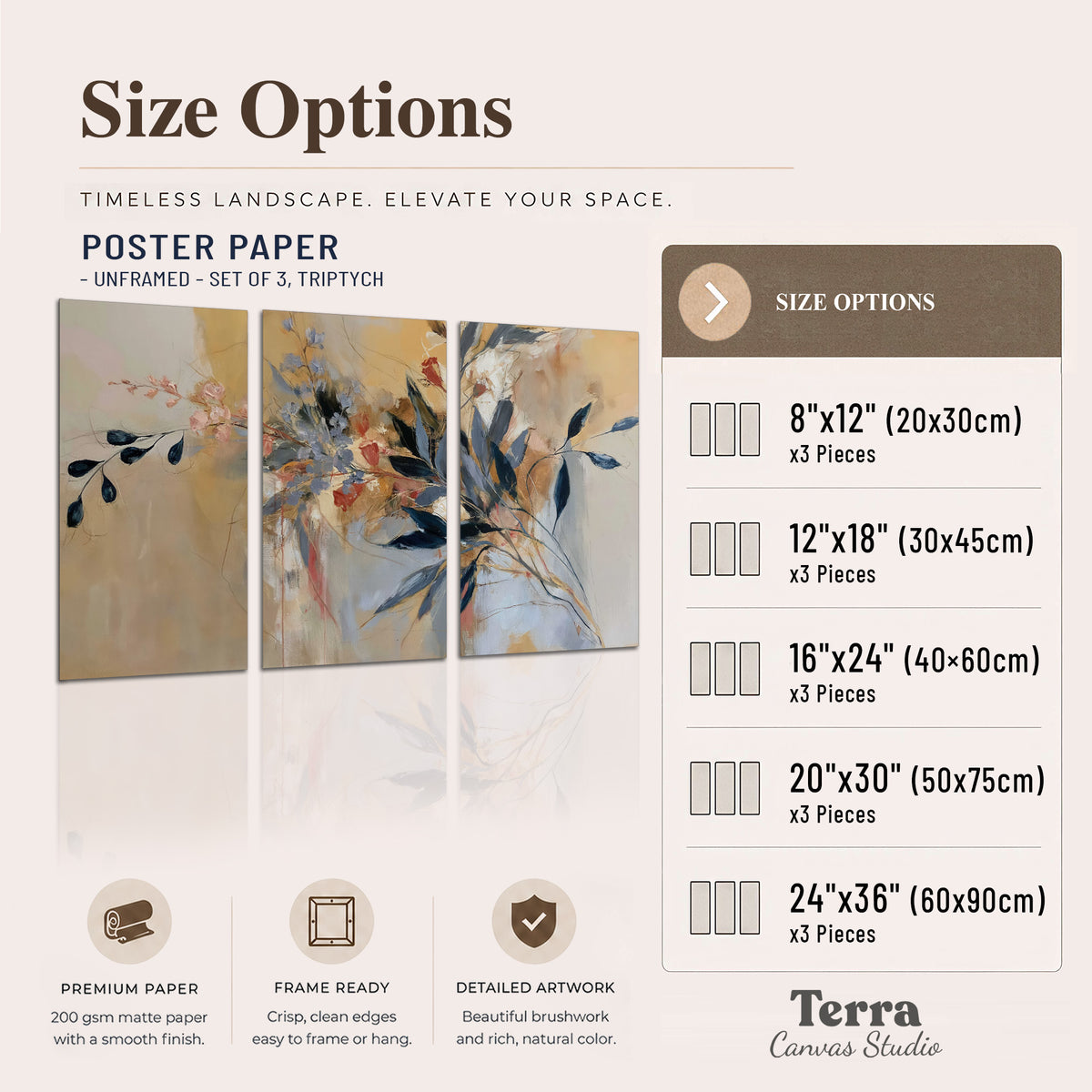 Loose dark blue leaves and pale blossoms on a warm beige painterly background set of 3 poster prints available dimensions; triptych dimensions are per panel