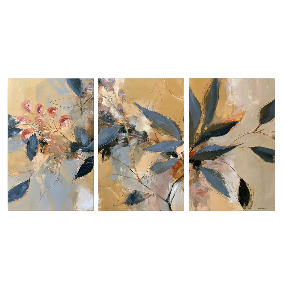 Layered navy leaves and muted pink blossoms against a golden cream background 3 piece canvas wall art viewed straight on