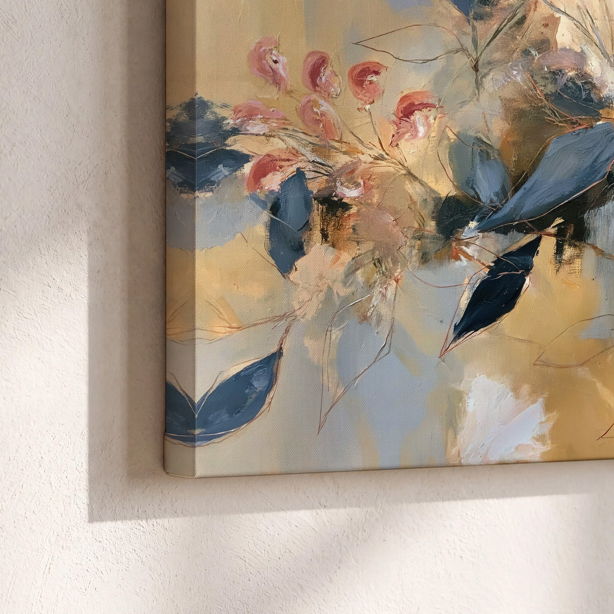 Layered navy leaves and muted pink blossoms against a golden cream background 3 piece canvas wall art material and edge close up