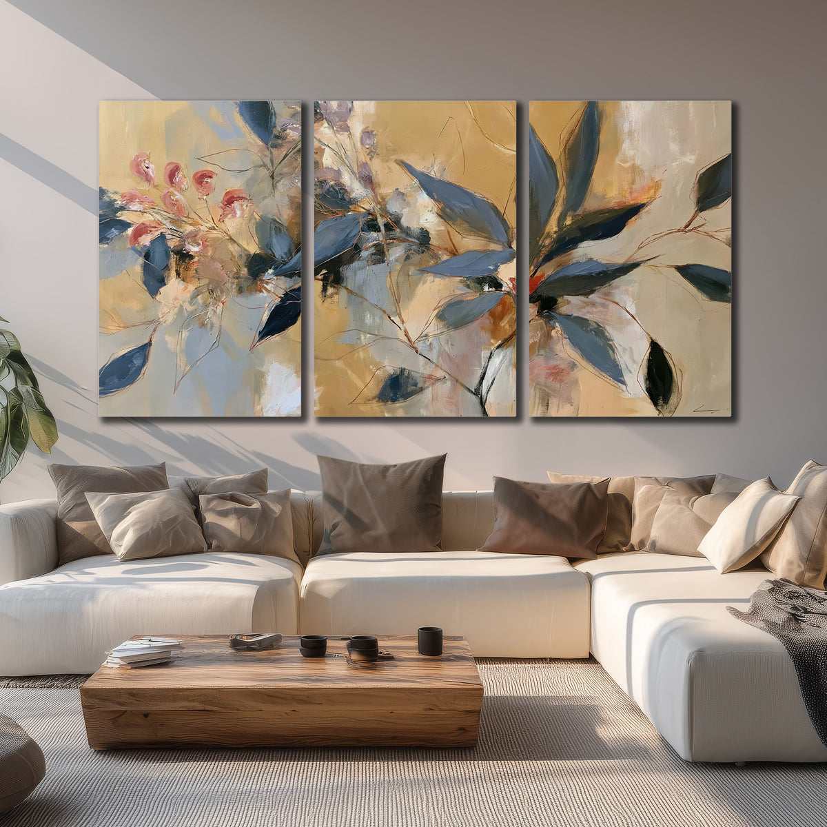 Layered navy leaves and muted pink blossoms against a golden cream background 3 piece canvas wall art displayed in a living room