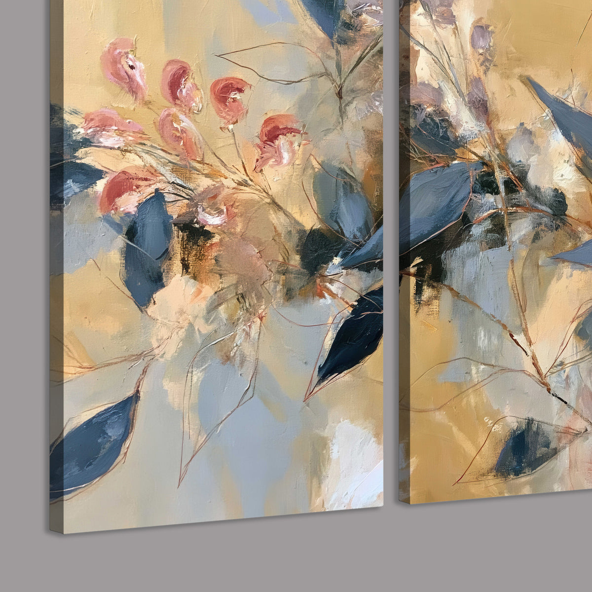 Layered navy leaves and muted pink blossoms against a golden cream background 3 piece canvas wall art room and product view