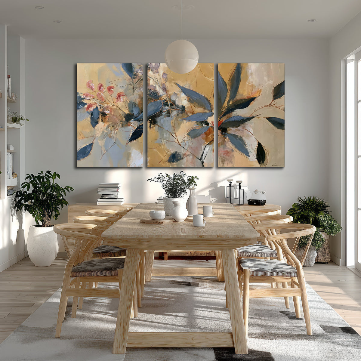 Layered navy leaves and muted pink blossoms against a golden cream background 3 piece canvas wall art room and product view