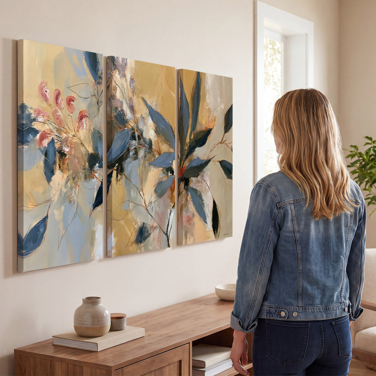 Layered navy leaves and muted pink blossoms against a golden cream background 3 piece canvas wall art three panel arrangement on a wall