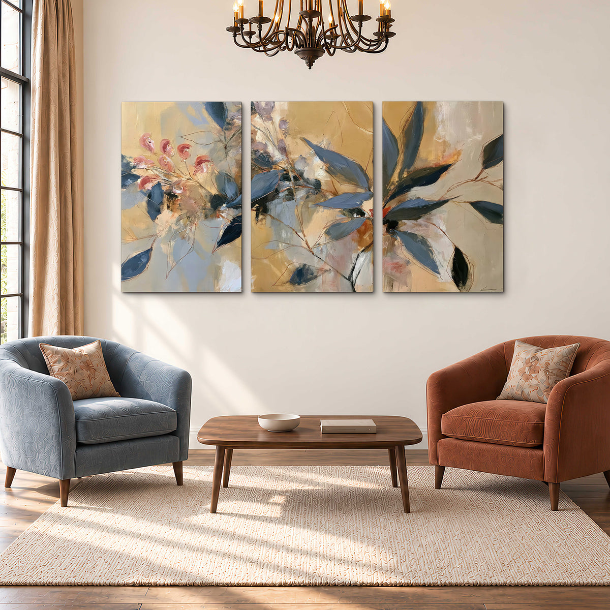 Layered navy leaves and muted pink blossoms against a golden cream background 3 piece canvas wall art styled in an interior