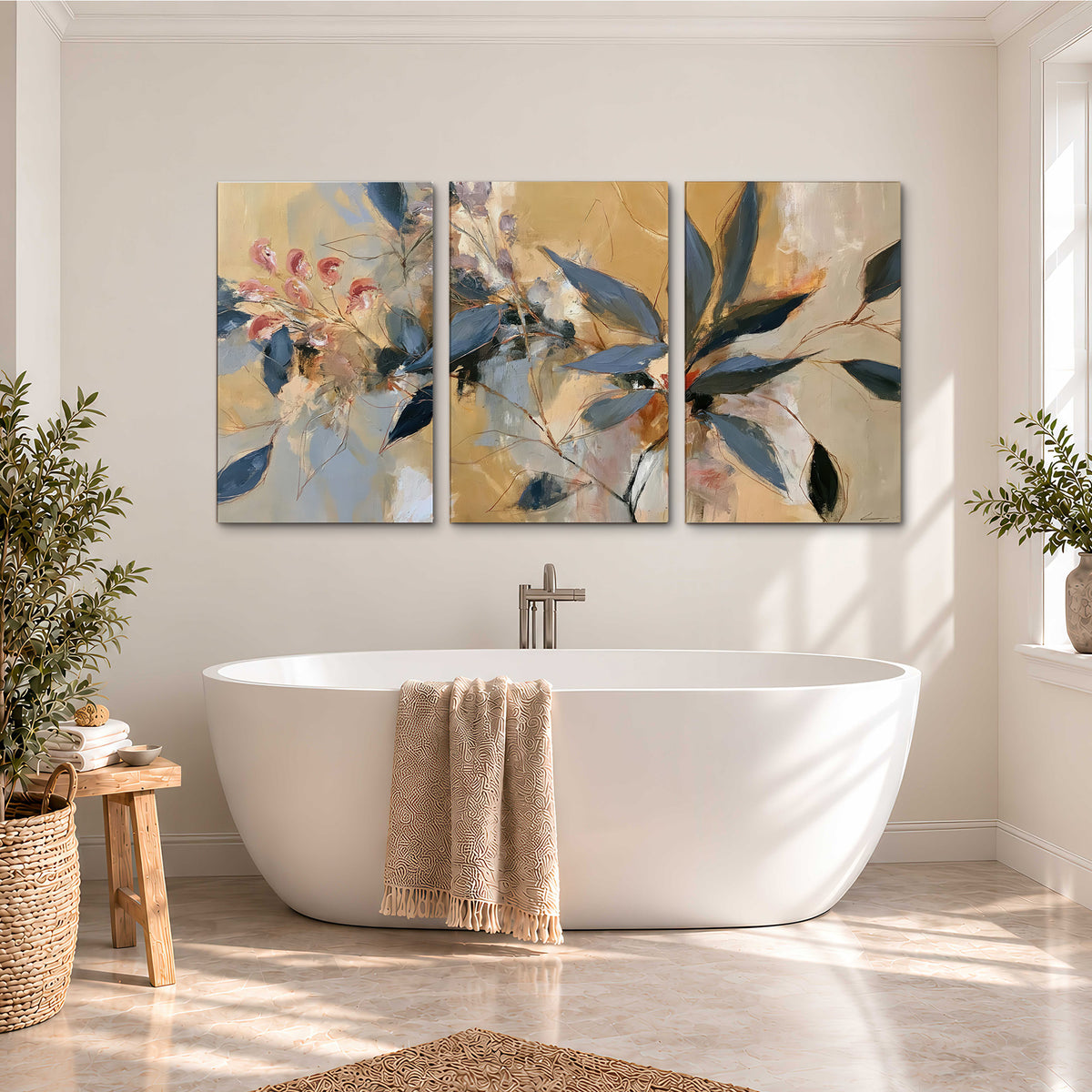 Layered navy leaves and muted pink blossoms against a golden cream background 3 piece canvas wall art styled in an interior