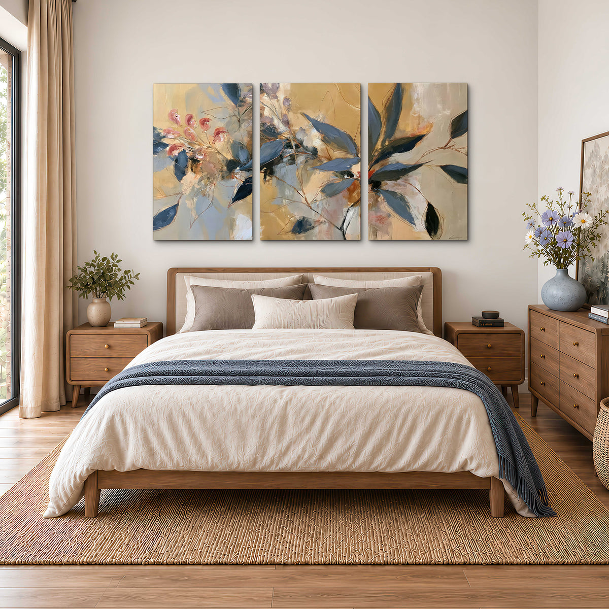 Layered navy leaves and muted pink blossoms against a golden cream background 3 piece canvas wall art styled in an interior