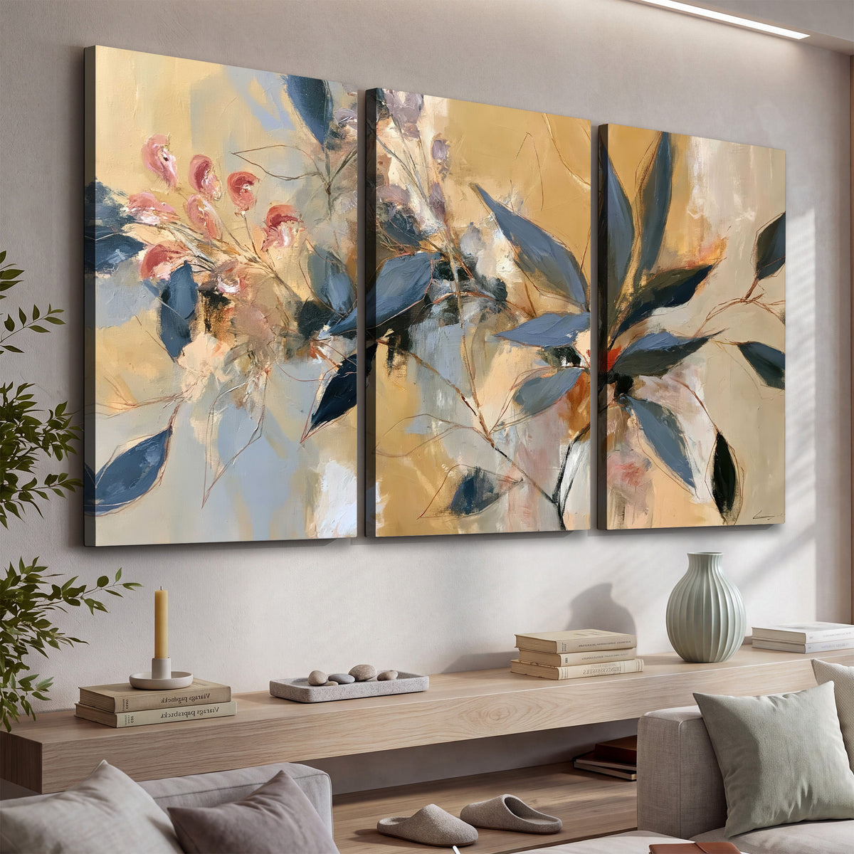 Layered navy leaves and muted pink blossoms against a golden cream background 3 piece canvas wall art displayed in a console