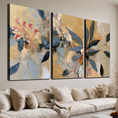 Layered navy leaves and muted pink blossoms against a golden cream background 3 piece canvas wall art room and product view