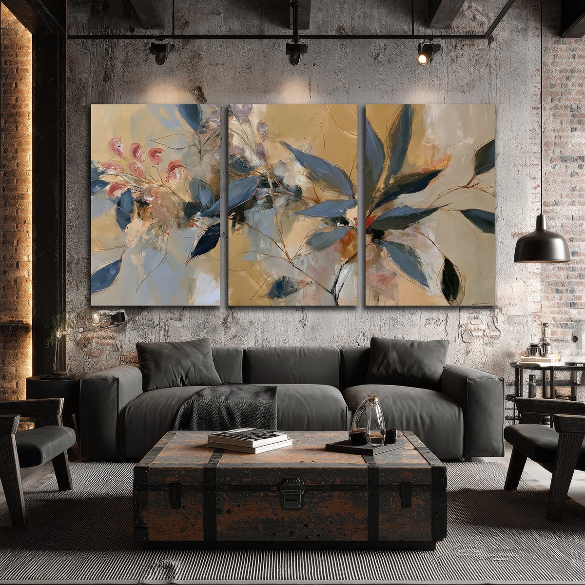 Layered navy leaves and muted pink blossoms against a golden cream background 3 piece canvas wall art displayed in a industrial room