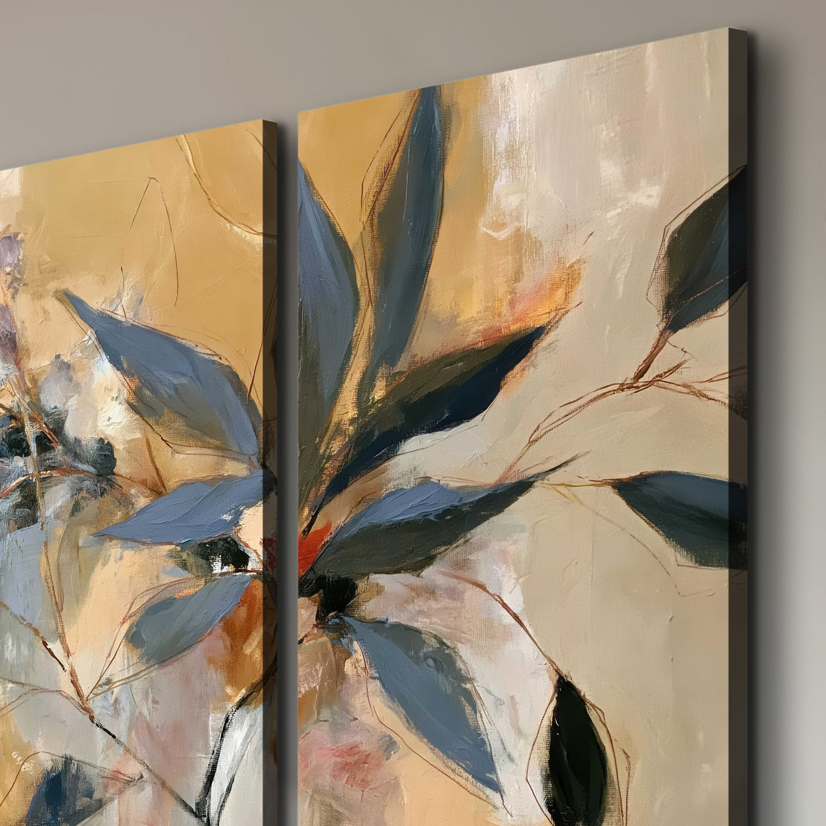 Layered navy leaves and muted pink blossoms against a golden cream background 3 piece canvas wall art room and product view