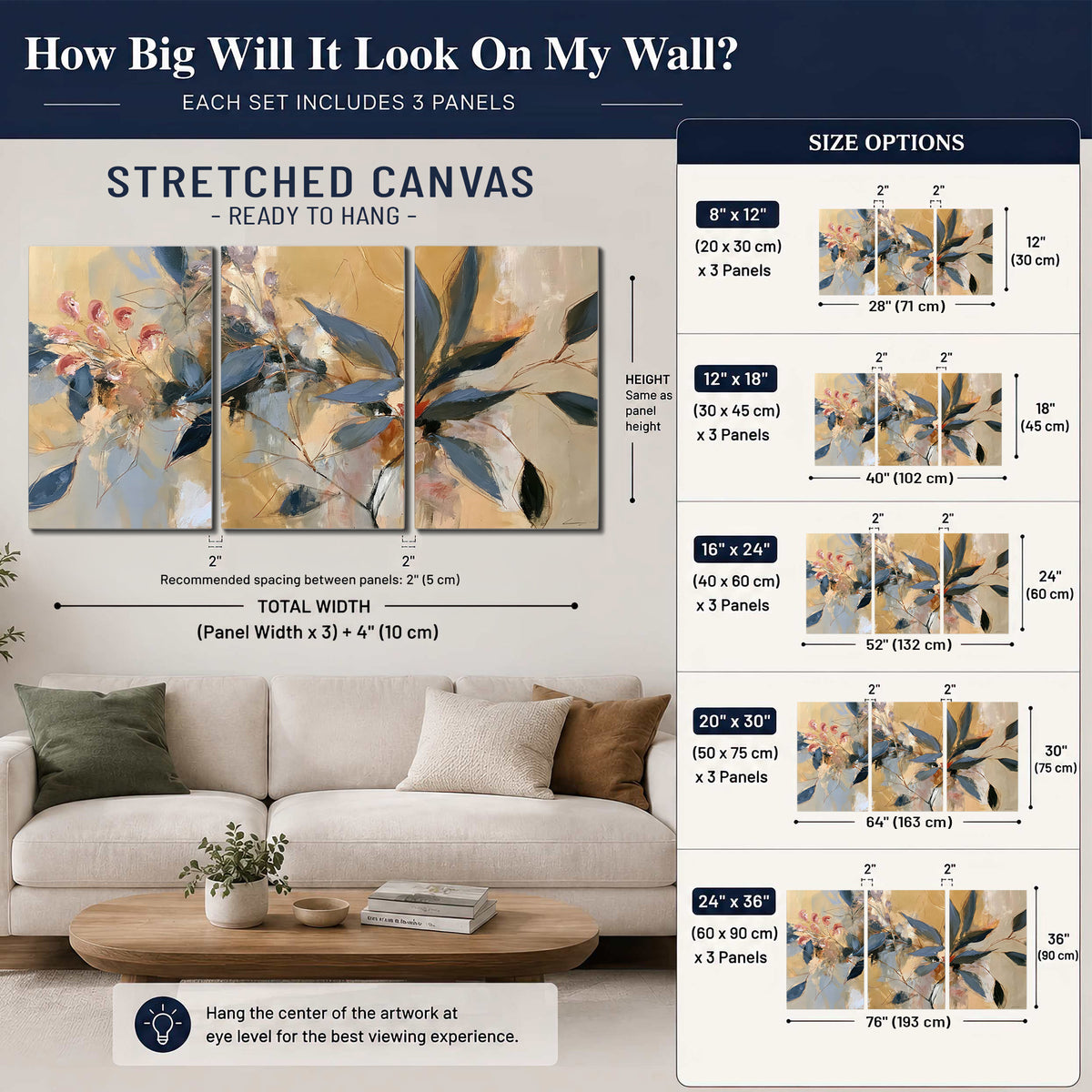 Layered navy leaves and muted pink blossoms against a golden cream background 3 piece canvas wall art size guide above a sofa; room view is illustrative