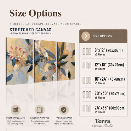Layered navy leaves and muted pink blossoms against a golden cream background 3 piece canvas wall art available dimensions; triptych dimensions are per panel