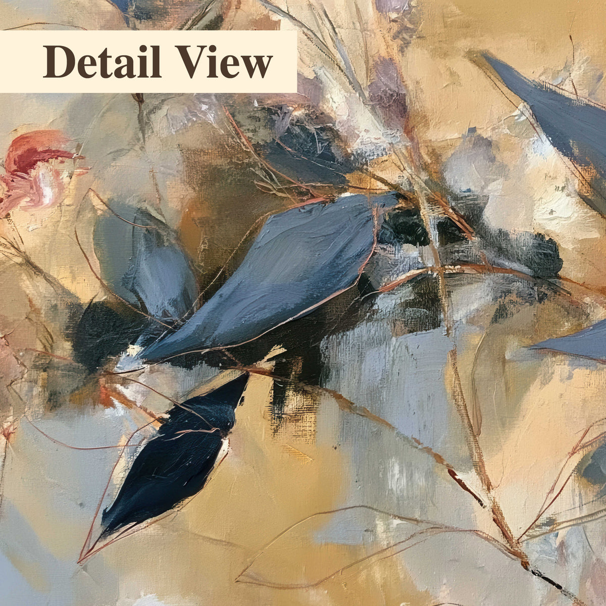 Layered navy leaves and muted pink blossoms against a golden cream background 3 piece canvas wall art artwork detail close up
