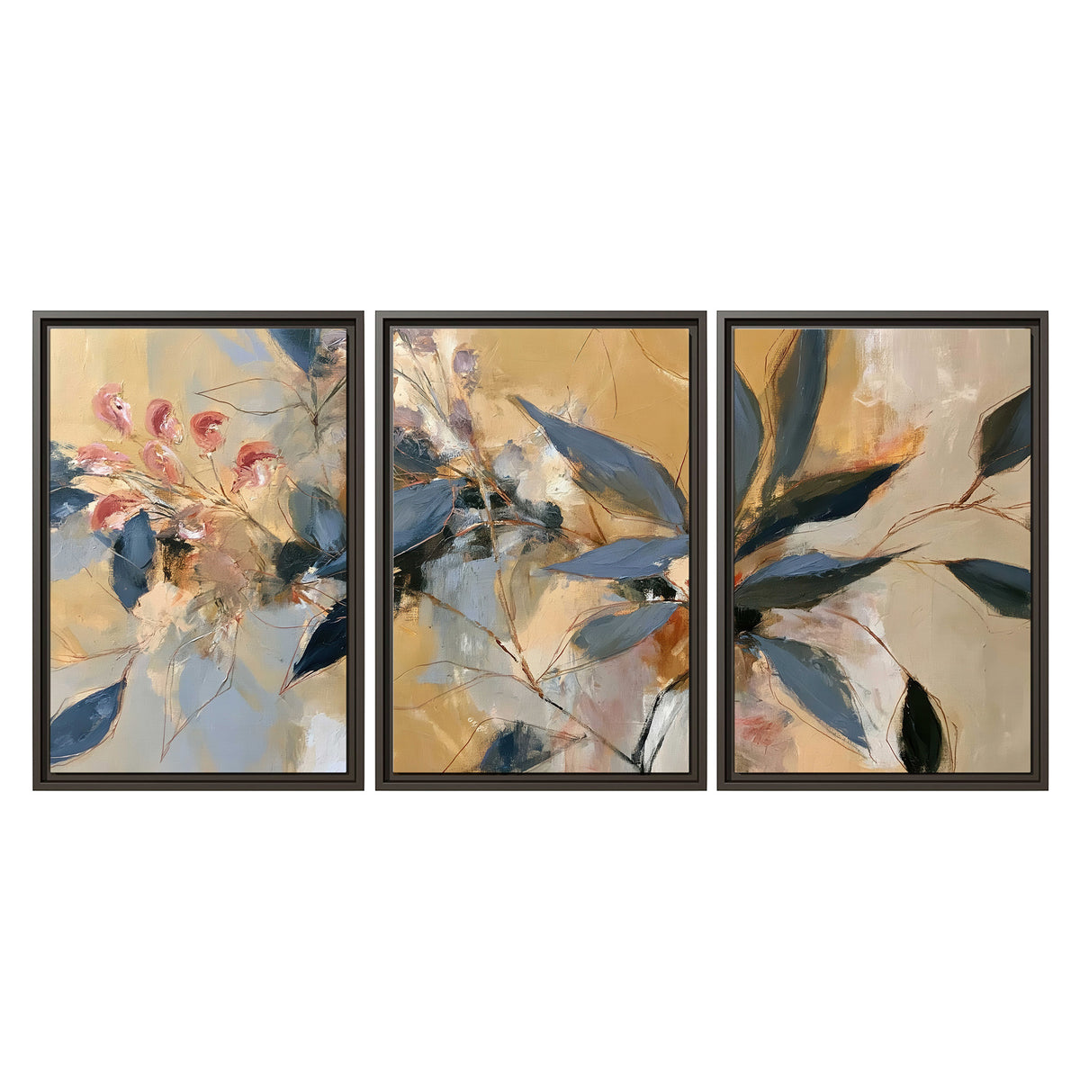 Layered navy leaves and muted pink blossoms against a golden cream background 3 piece framed canvas wall art viewed straight on