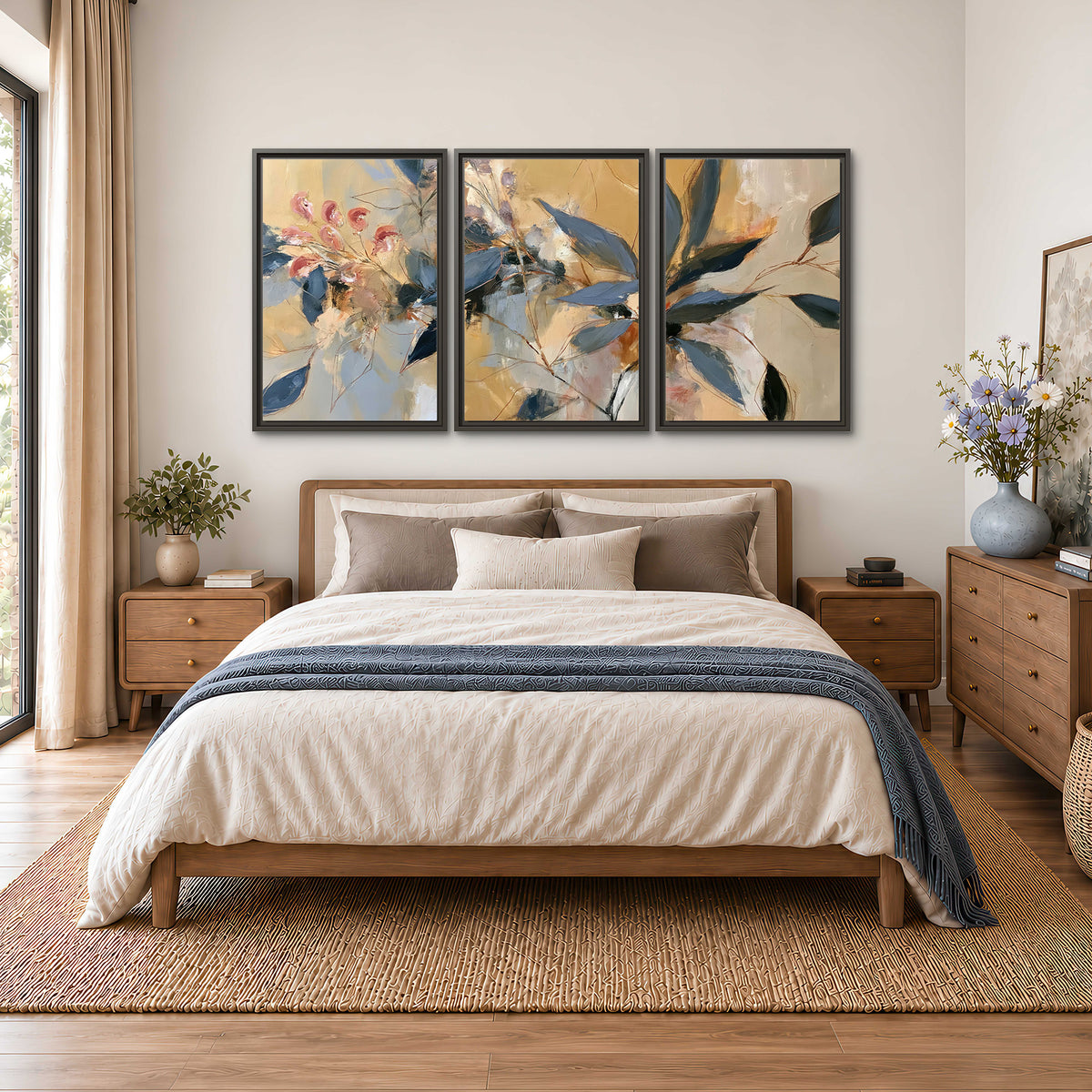 Layered navy leaves and muted pink blossoms against a golden cream background 3 piece framed canvas wall art styled in an interior