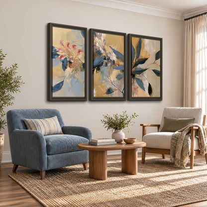 Layered navy leaves and muted pink blossoms against a golden cream background 3 piece framed canvas wall art styled in an interior