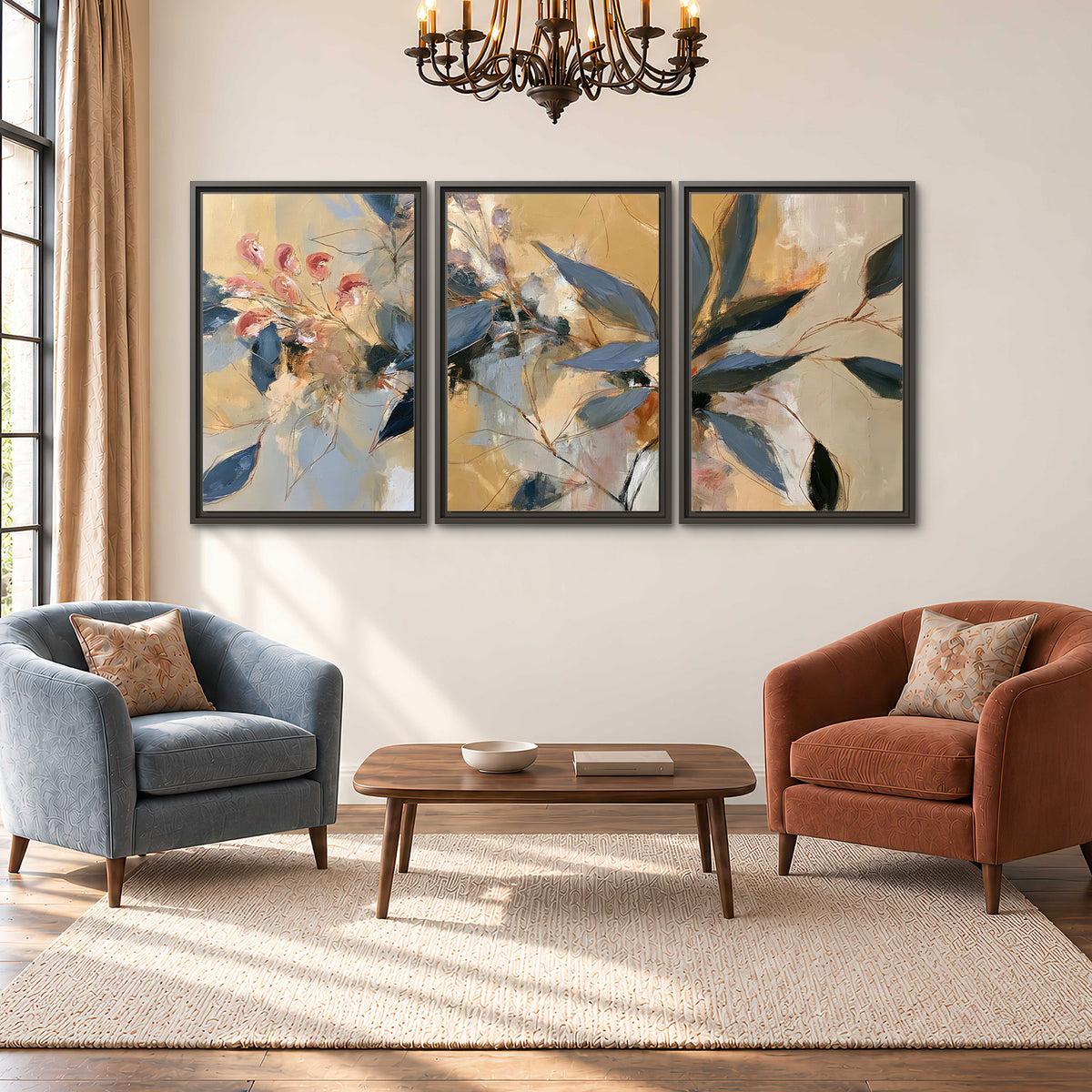 Layered navy leaves and muted pink blossoms against a golden cream background 3 piece framed canvas wall art styled in an interior