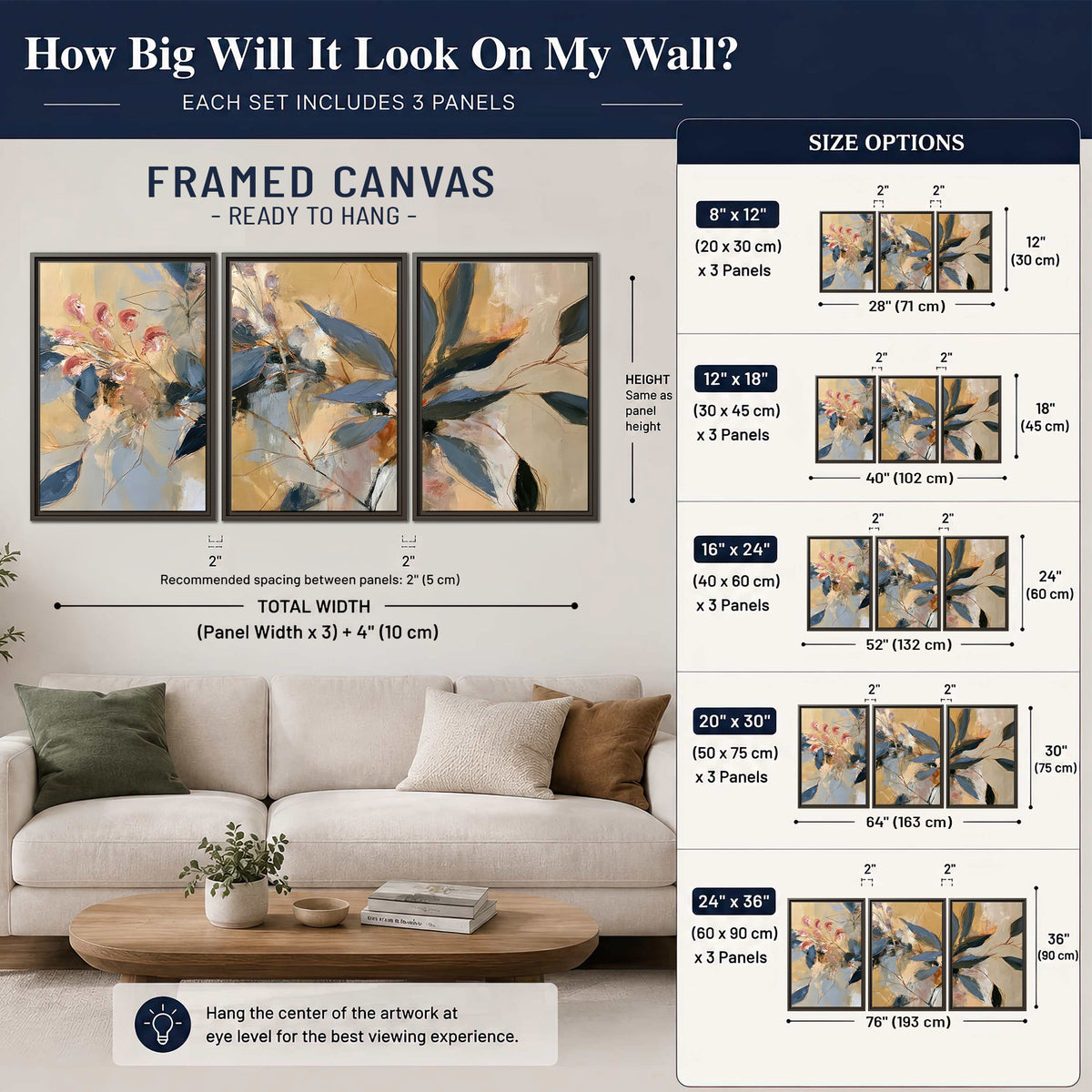 Layered navy leaves and muted pink blossoms against a golden cream background 3 piece framed canvas wall art size guide above a sofa; room view is illustrative