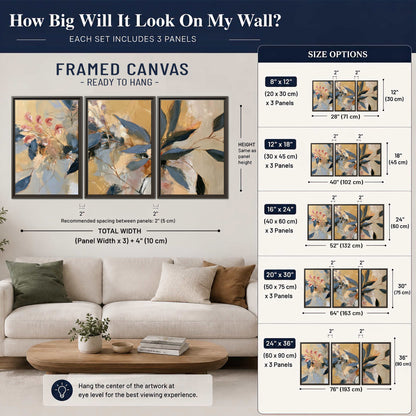 Layered navy leaves and muted pink blossoms against a golden cream background 3 piece framed canvas wall art size guide above a sofa; room view is illustrative