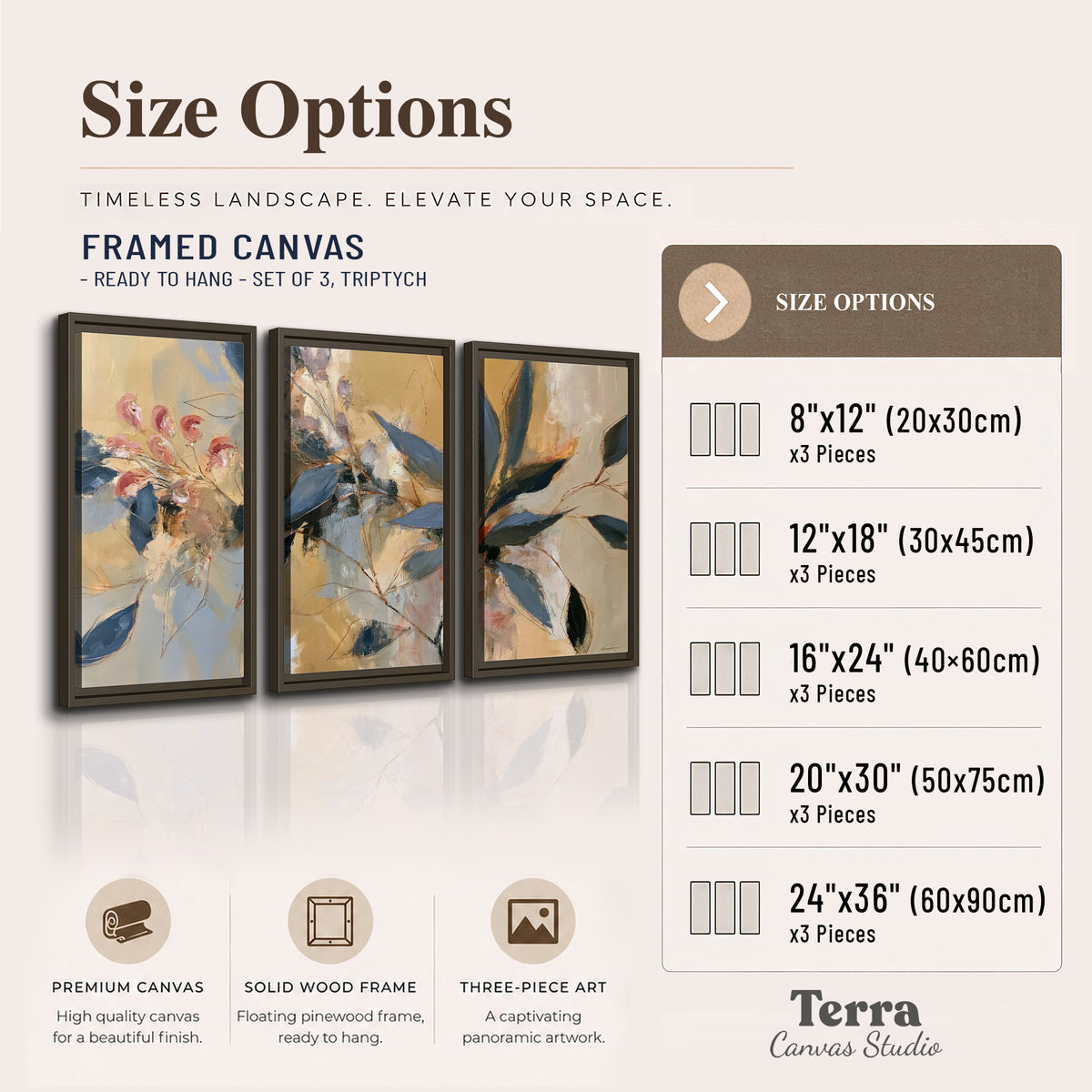 Layered navy leaves and muted pink blossoms against a golden cream background 3 piece framed canvas wall art available dimensions; triptych dimensions are per panel