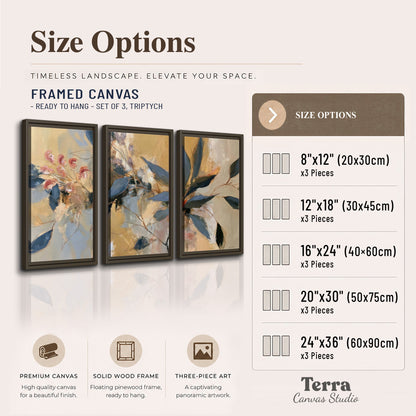 Layered navy leaves and muted pink blossoms against a golden cream background 3 piece framed canvas wall art available dimensions; triptych dimensions are per panel
