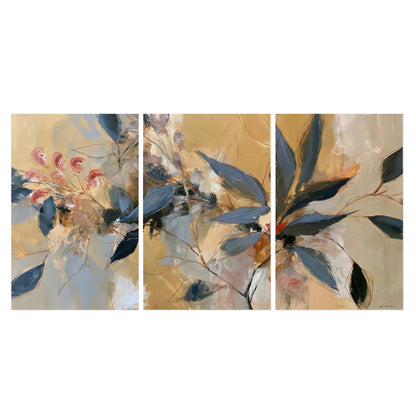 Layered navy leaves and muted pink blossoms against a golden cream background set of 3 poster prints viewed straight on