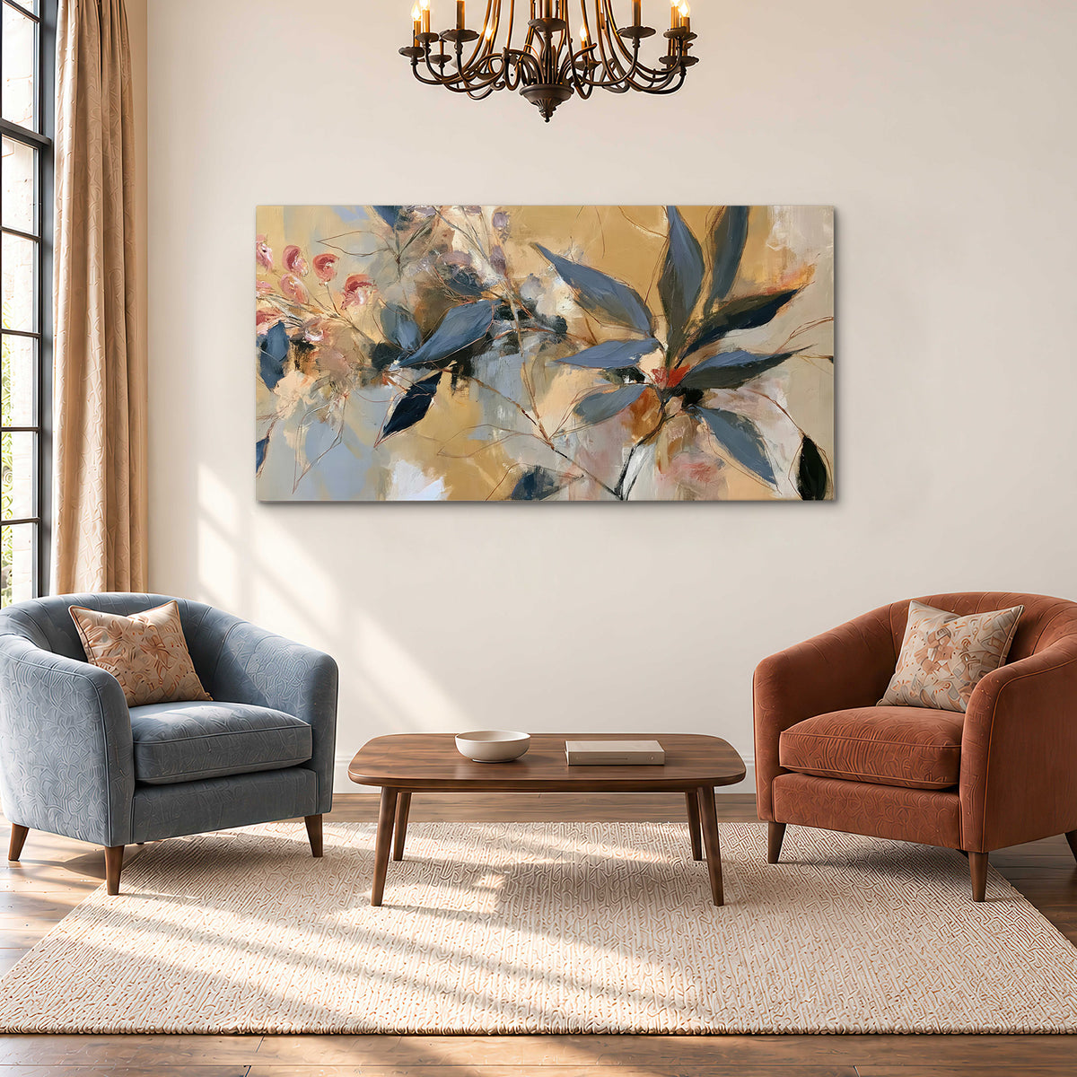 Layered navy leaves and muted pink blossoms against a golden cream background single canvas wall art styled in an interior