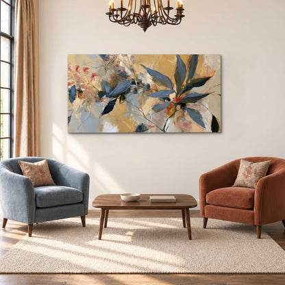 Layered navy leaves and muted pink blossoms against a golden cream background single canvas wall art styled in an interior