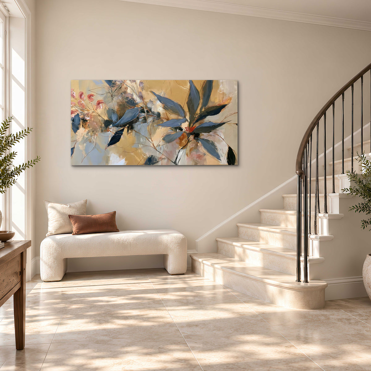 Layered navy leaves and muted pink blossoms against a golden cream background single canvas wall art styled in an interior