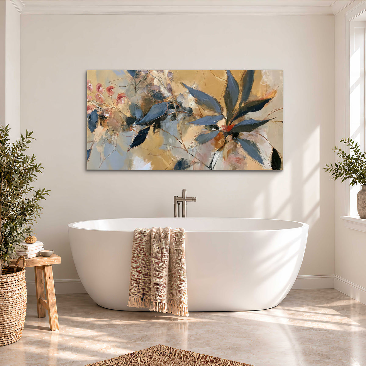 Layered navy leaves and muted pink blossoms against a golden cream background single canvas wall art styled in an interior