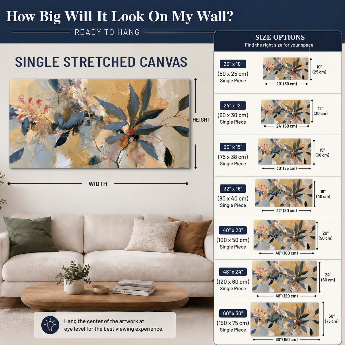 Layered navy leaves and muted pink blossoms against a golden cream background single canvas wall art size guide above a sofa; room view is illustrative