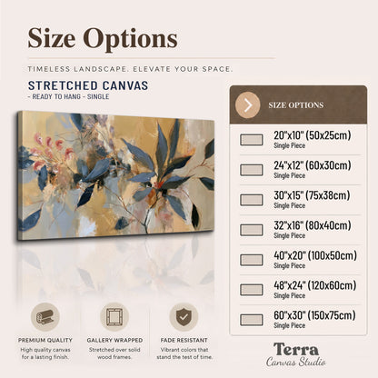 Layered navy leaves and muted pink blossoms against a golden cream background single canvas wall art available dimensions