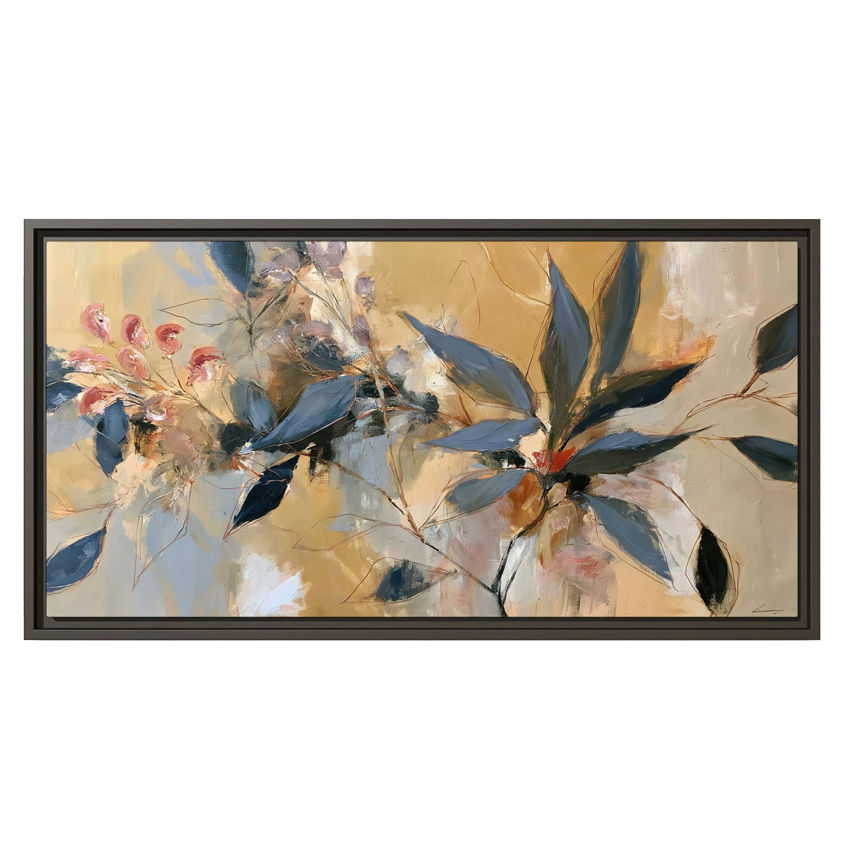 Layered navy leaves and muted pink blossoms against a golden cream background single framed canvas wall art viewed straight on
