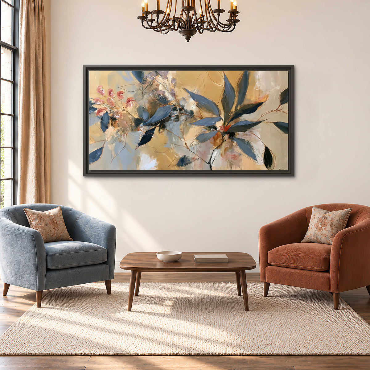 Layered navy leaves and muted pink blossoms against a golden cream background single framed canvas wall art styled in an interior