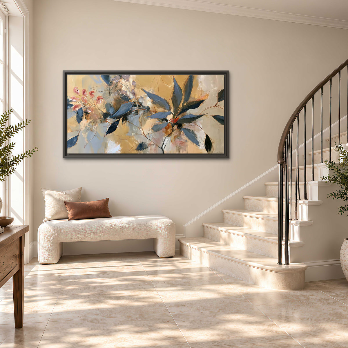 Layered navy leaves and muted pink blossoms against a golden cream background single framed canvas wall art styled in an interior